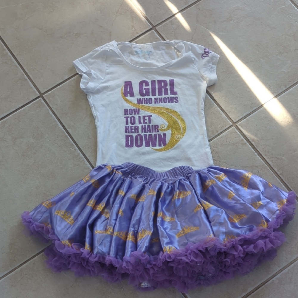 Purple White Tangled Rapunzel Disney Tutu Couture Tee and Skirt Set Girls Size 7
